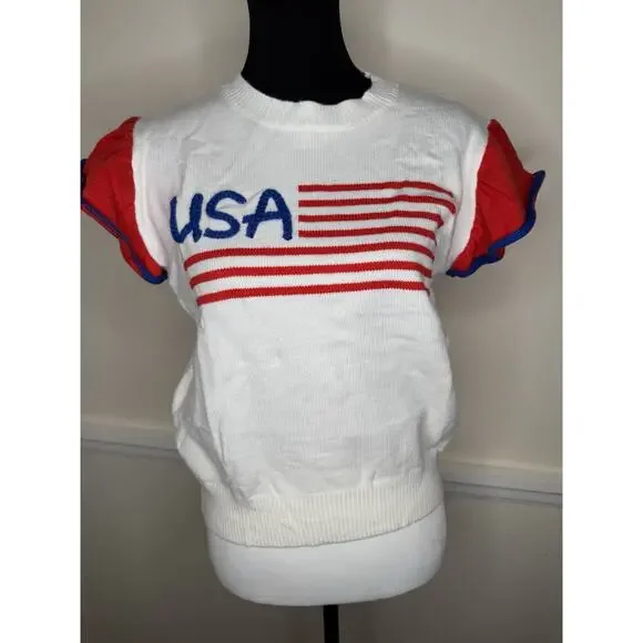 USA Red white blue flag 4th of July Sweater ruffle Pullover By Main Strip L NWT - Picture 2 of 12